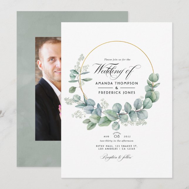 Invitation Photo Mariage géométrique Eucalyptus de la taille  (Devant / Derrière)