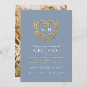 Invitation Photo mariage gris bleu coeur or monogramme