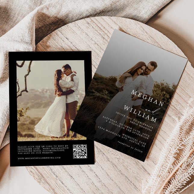 Invitation Photo Mariage noir moderne et élégant Code QR (Créateur téléchargé)