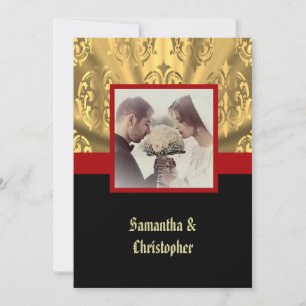 Invitation photo mariage noir rouge et or