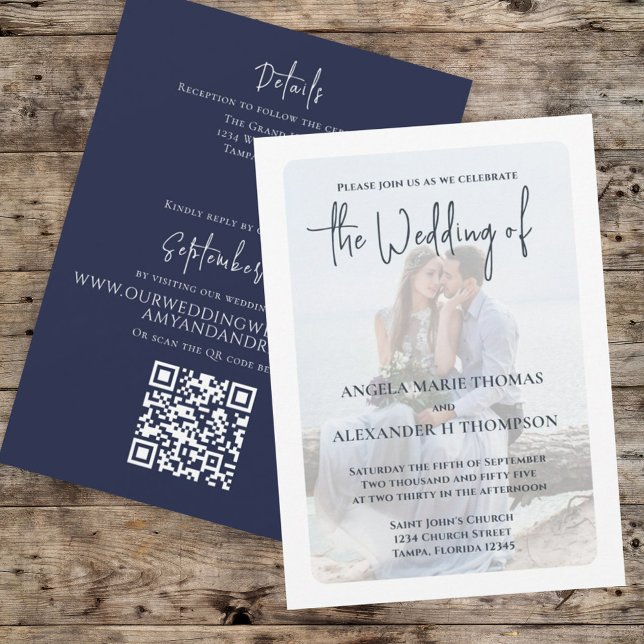 Invitation Photo marine Blue Elegant Code QR Mariage RSVP (Elegant Wedding invitation with a Navy Blue and minimalist photo vellum photo overlay effect.)