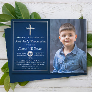 Invitation Photo Marine Blue Silver Première Sainte Communion