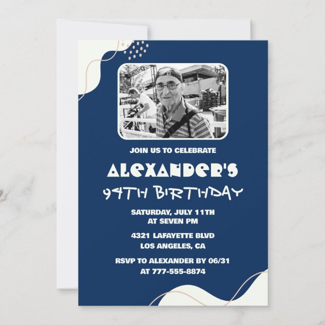 Invitation Photo Marine Blue White Men 94e anniversaire (Devant)