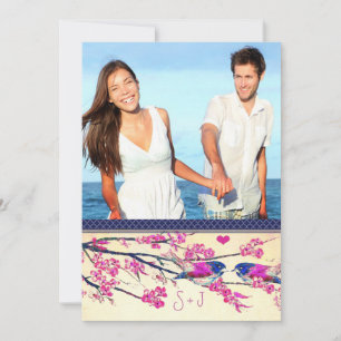 Invitation Photo Marocain Rose Navy Oiseaux d'Amour Fleur de 