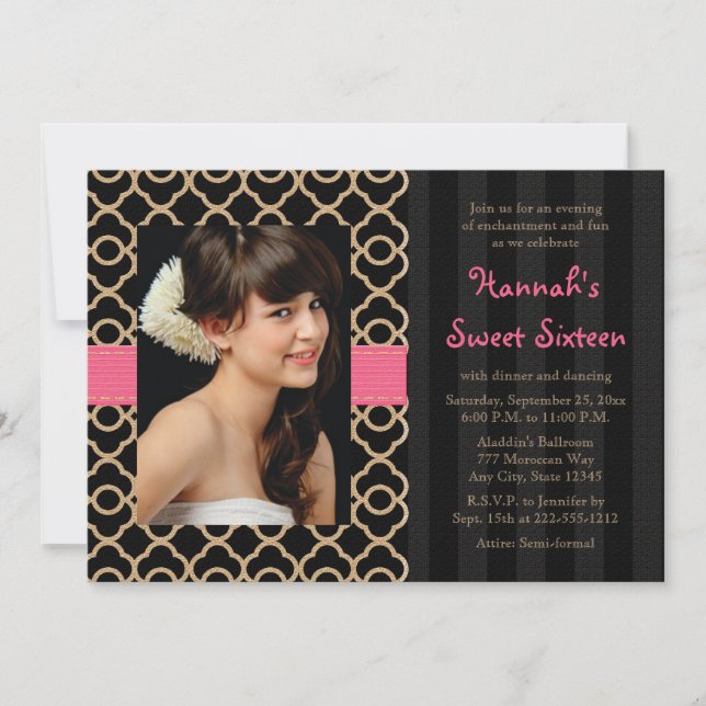 Invitation Photo marocaine de sweet sixteen d'or rose et noir (Devant)