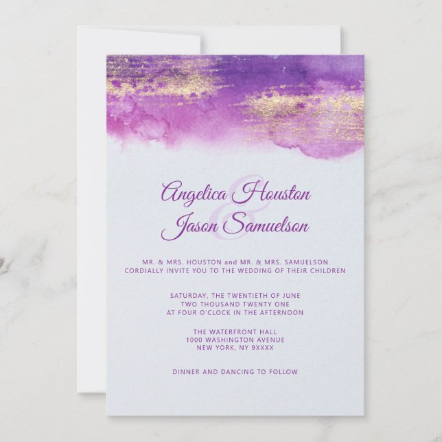 Invitation PHOTO mauve de mariage d'or de prune pourpre (Devant)