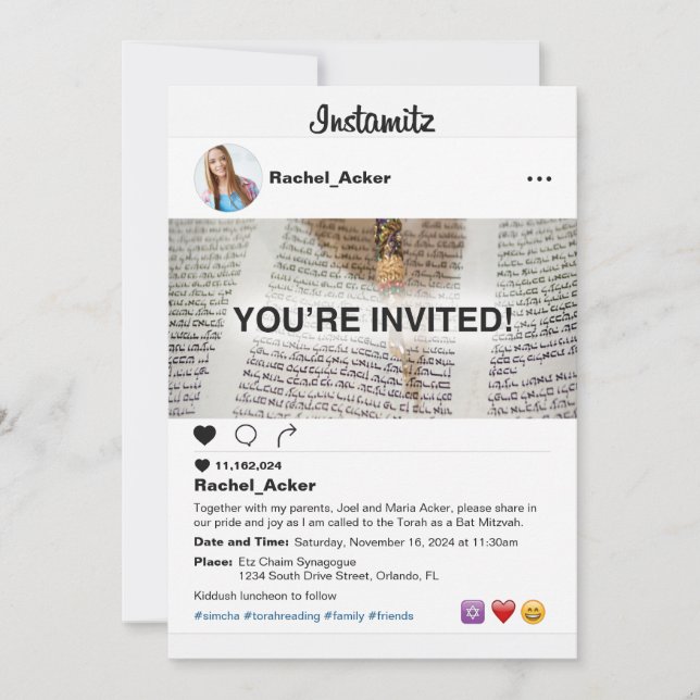 Invitation Photo Médias Sociaux Bat Mitzvah ou Bar Mitzvah (Devant)