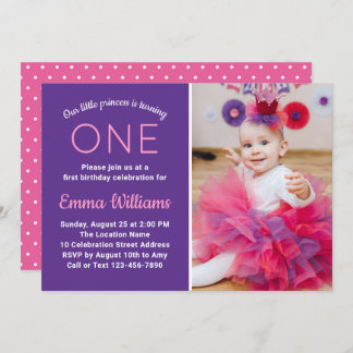 Invitation Photo mignonne rose violet princesse fille 1er ann