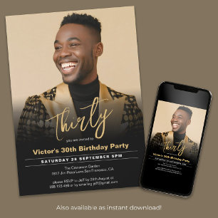 Invitation Photo minimale d'or noir du 30e anniversaire moder