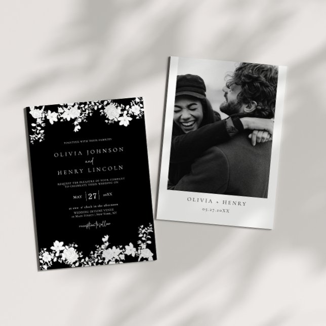 Invitation Photo minimaliste de Mariage floral noir et blanc (Créateur téléchargé)