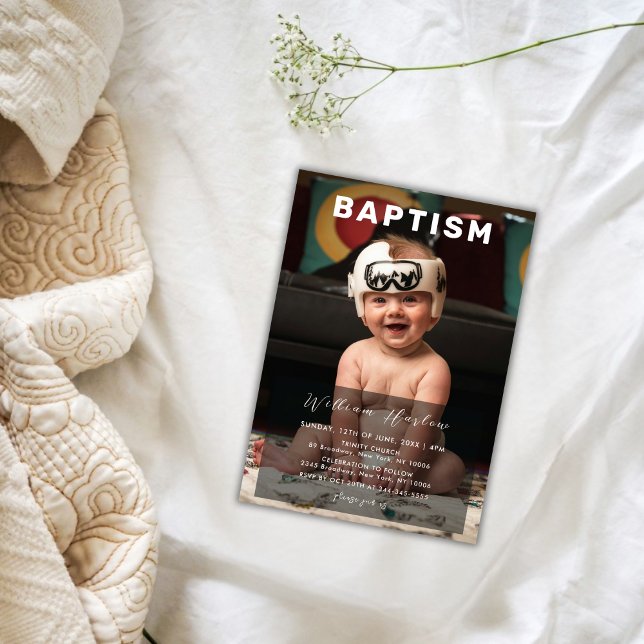 Invitation Photo minimaliste moderne bébé bébé Baptême (Modern Minimalist Boy Baby Photo Baptism Invitation)
