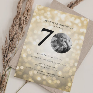 Invitation Photo minime 70e fête d'anniversaire Gold Bokeh