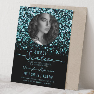 Invitation PHOTO Minuit Glam Sweet 16 Anniversaire Turquoise 