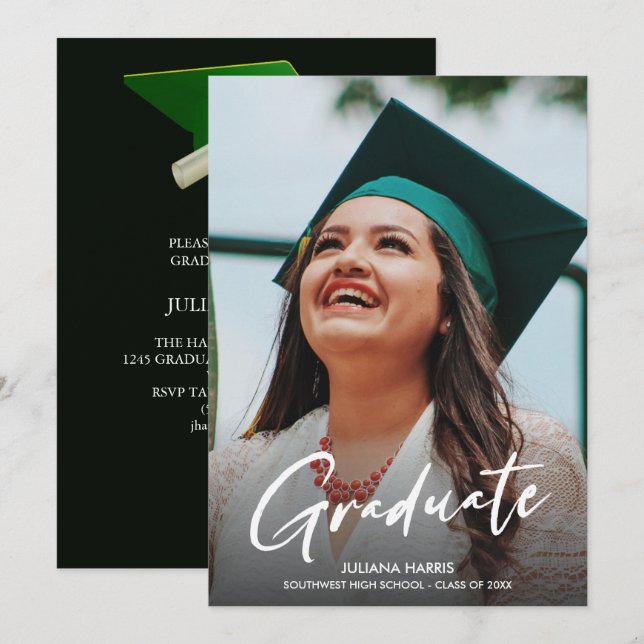 Invitation Photo Modern Script Green Casquette Party Graduati (Devant / Derrière)