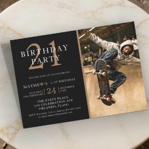 Invitation photo moderne 21 ans noir et or