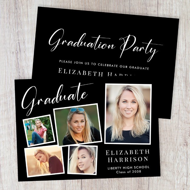 Invitation Photo moderne Collage Black Graduation Party (A modern photo collage graduation party invitation to celebrate the graduate's achievements)