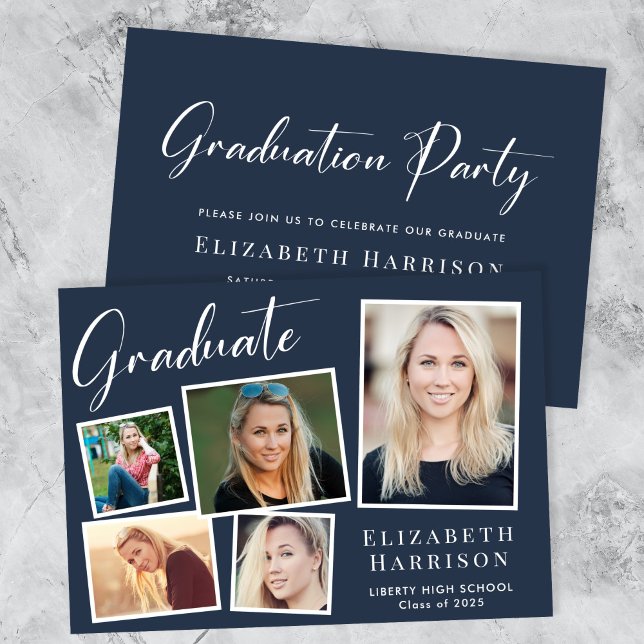 Invitation Photo moderne Collage Blue Graduation Party (A modern photo collage graduation party invitation to celebrate the graduate's achievements)
