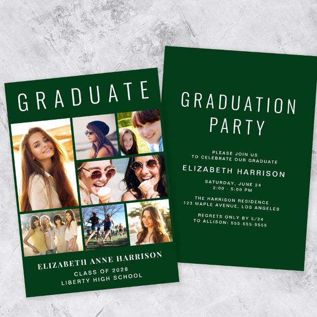 Invitation Photo moderne Collage Green Graduation Party (A modern photo collage graduation party invitation to celebrate the graduate's achievements)