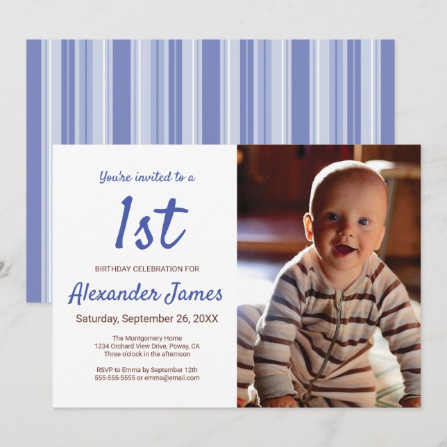 Invitation Photo moderne Denim Blue Stried Boy Anniversaire (Devant / Derrière)