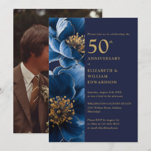Invitation Photo moderne Florale Bleue Et Or 50e Anniversaire