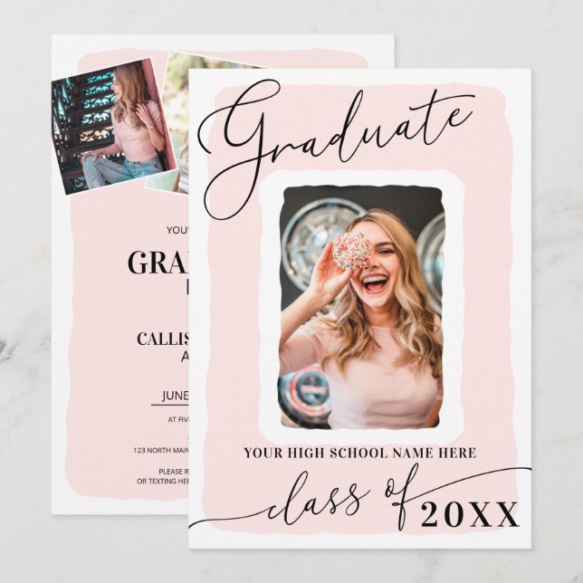 Invitation Photo moderne Girly rose blanc cadre photo graduat (Devant / Derrière)