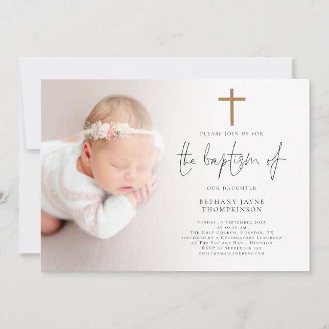 Invitation Photo moderne Gold Parties scintillant Croix Baptê (Devant)