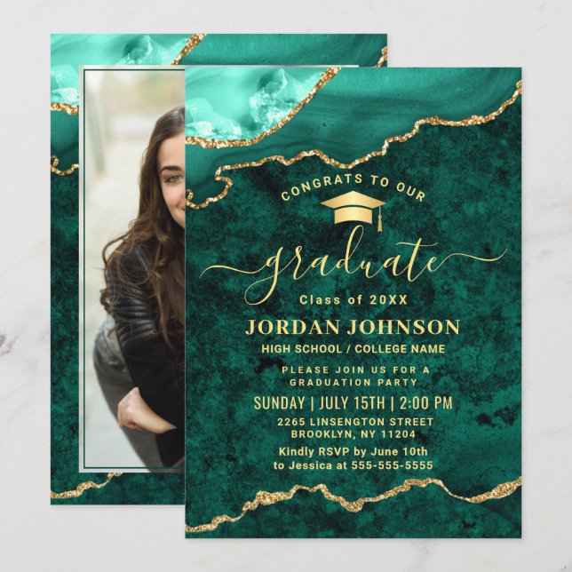 Invitation Photo moderne Golden Green Marble Graduation Party (Devant / Derrière)