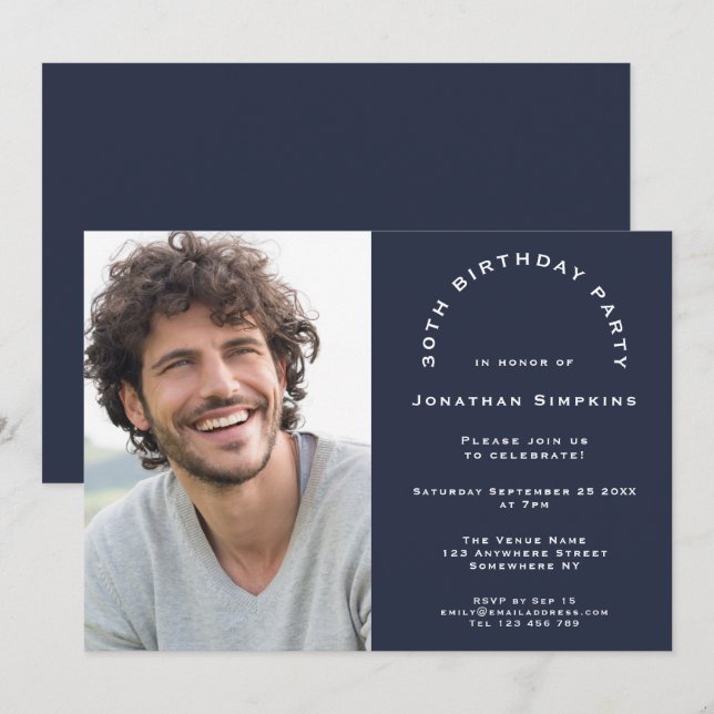 Invitation Photo moderne Homme 30e anniversaire de la fête Ma (Devant / Derrière)