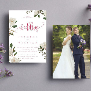 Invitation Photo moderne Magnolia Mariage rouge magenta