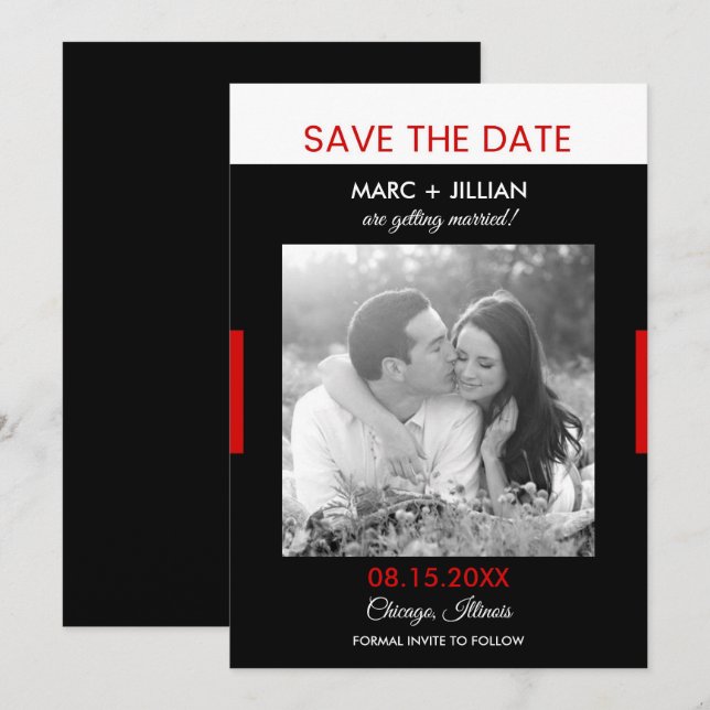 Invitation Photo moderne Mariage noir et rouge Enregistrer la (Devant / Derrière)