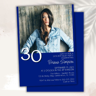 Invitation Photo Moderne Minimaliste Bleu Royal 30 Ans