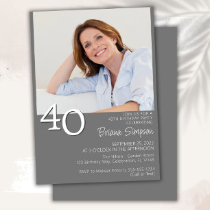 Invitation Photo Moderne minimaliste gris 40e anniversaire