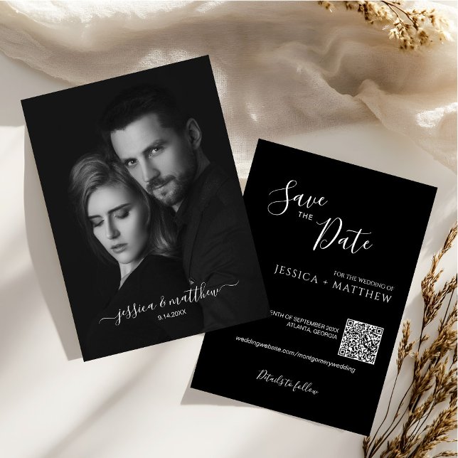 Invitation Photo moderne noir et blanc Code QR (Créateur téléchargé)