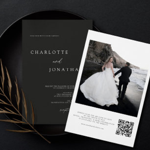 Invitation Photo moderne noir et blanc QR Code Mariage