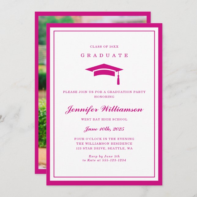 Invitation Photo Moderne Pink & White Script Graduation (Devant / Derrière)