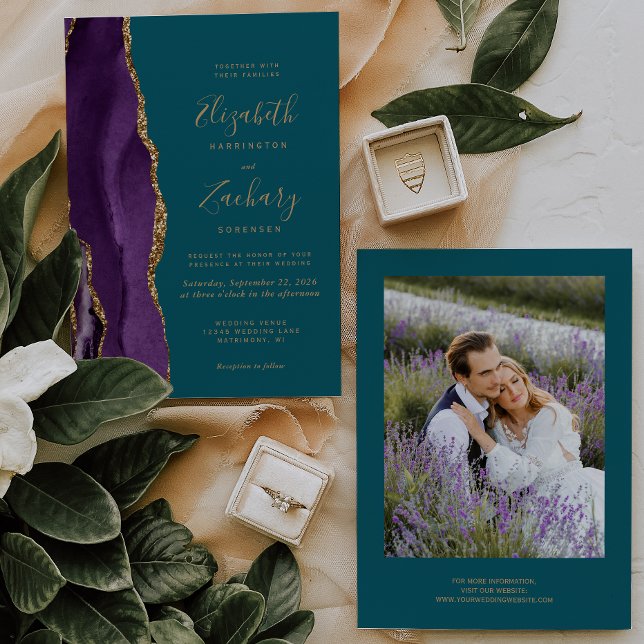 Invitation Photo moderne Purple Gold Agate Mariage Turquoise (Créateur téléchargé)