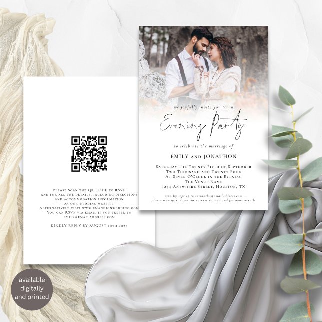 Invitation Photo moderne QR Code Mariage Soirée (Front and back view)