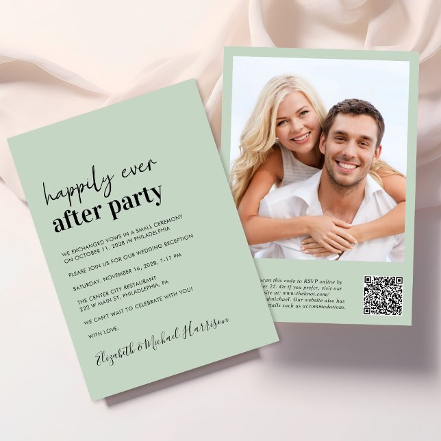 Invitation Photo moderne QR Code Sage Mariage Réception (An elegant Happily Ever After Party Invitation to set the tone for an unforgettable event)