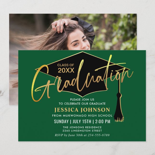 Invitation Photo moderne Simple Golden Green Graduation Party (Devant / Derrière)