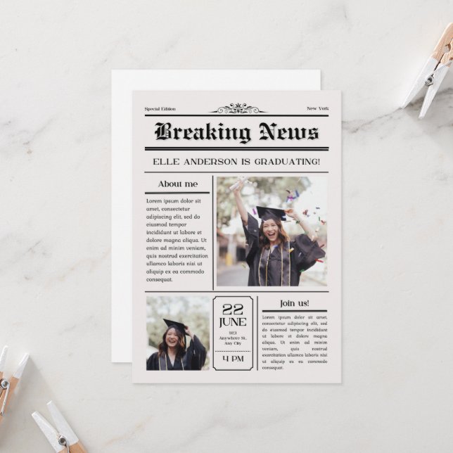 Invitation Photo moderne unique amusant Journal Graduation (Devant/Arrière en situation)