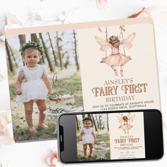 Invitation Photo modifiable Blush Pink Fairy Premier 1er anni (Créateur téléchargé)