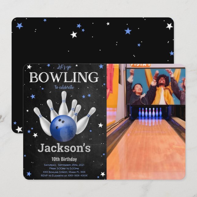 Invitation photo modifiable garçon bowling (Devant / Derrière)