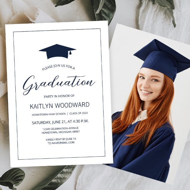Invitation Photo Navy Blue Casquette Modern Graduation Party  (Créateur téléchargé)