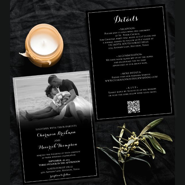 Invitation Photo noir et blanc, Boarder blanc Code QR Mariage (Créateur téléchargé)