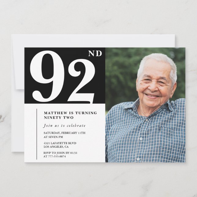 Invitation Photo noir et blanc Hommes 92e anniversaire Invita (Devant)