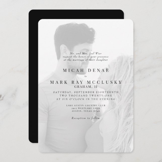 Invitation Photo noir et blanc Mariage moderne (Devant / Derrière)