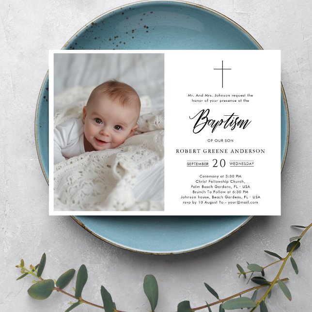 Invitation Photo officielle Noir et blanc Baptême catholique  (Créateur téléchargé)