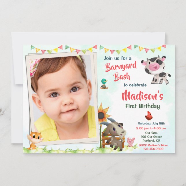 Invitation Photo Offre d'anniversaire de ferme Animaux de fer (Devant)