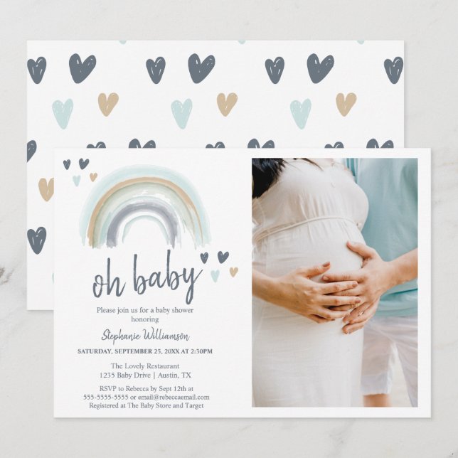 Invitation Photo Oh Baby shower Blue Boho Rainbow (Devant / Derrière)