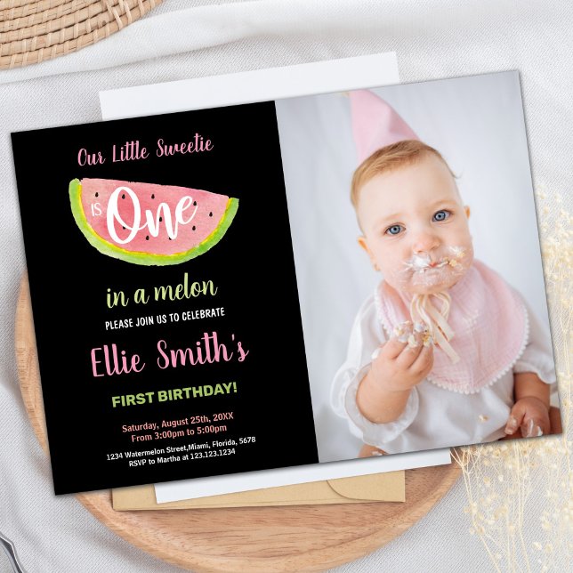 Invitation Photo One Pink Green Watermelon Anniversaire (Photo One Pink Green Watermelon Birthday Invitation)